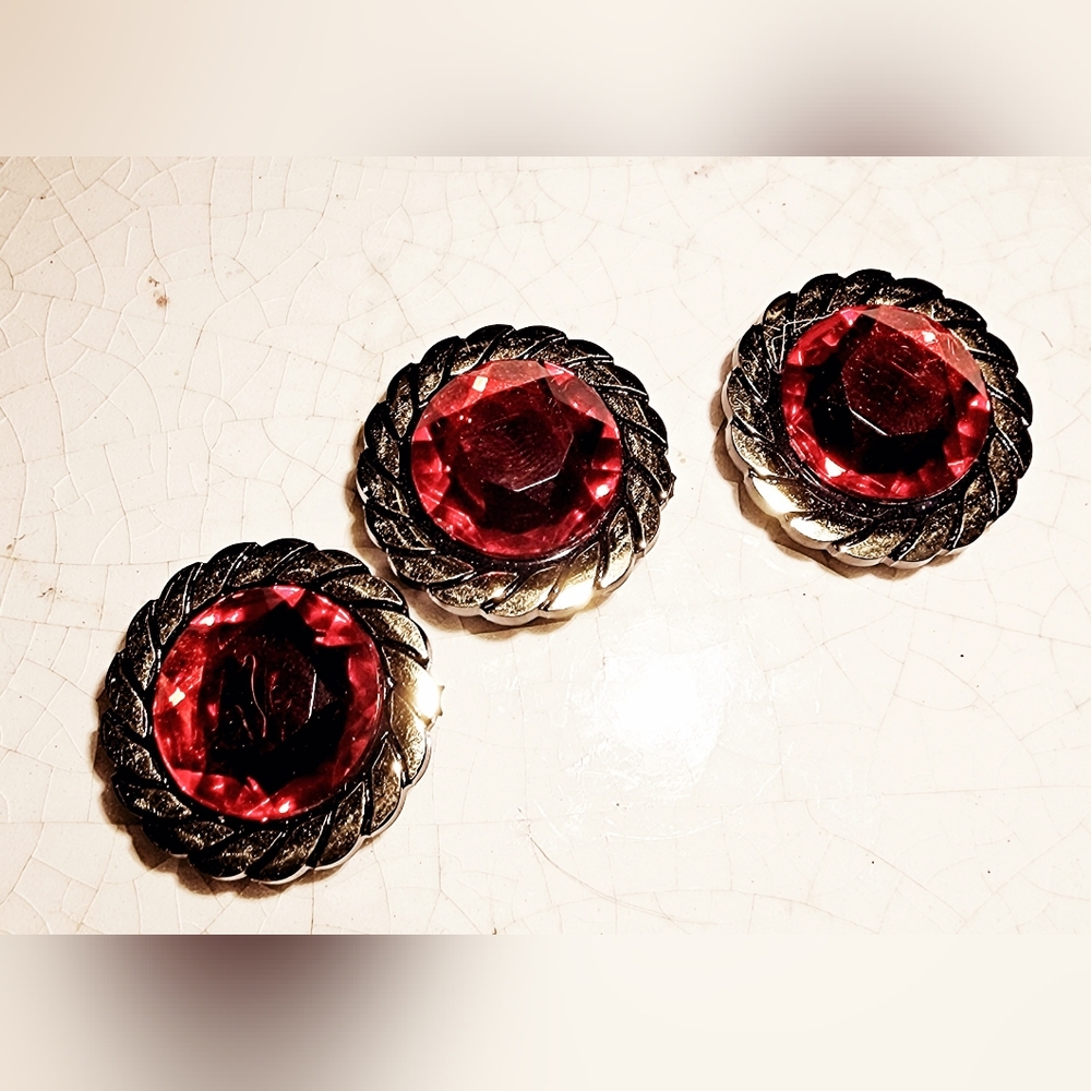 3 Faux ruby red faceted cabochon with gold and black trimming button covers